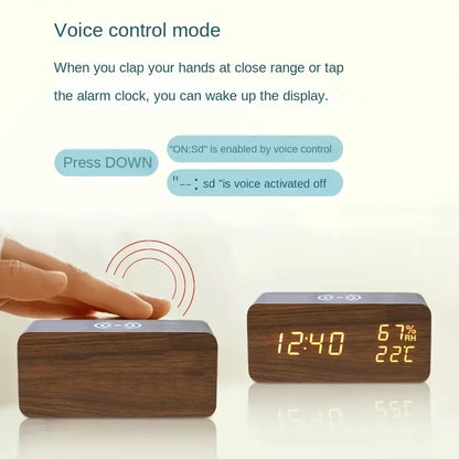 Wooden LED Alarm Clock with USB and AAA Power