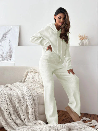 Solid Color Hooded Knitted Lounge Set for Women – Autumn Winter Two-Piece Outfit