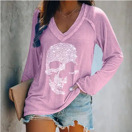 Skull Print Casual Long-Sleeved Deep V-Neck T-Shirt