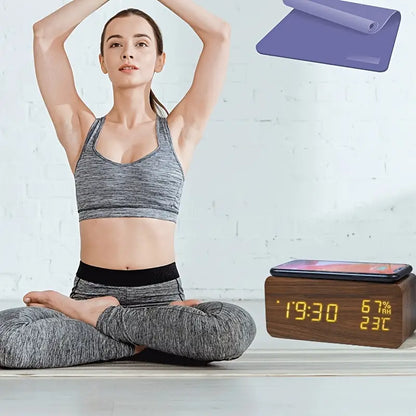 Wooden LED Alarm Clock with USB and AAA Power