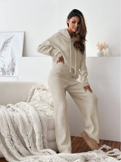 Solid Color Hooded Knitted Lounge Set for Women – Autumn Winter Two-Piece Outfit