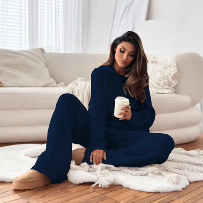 Solid Color Hooded Knitted Lounge Set for Women – Autumn Winter Two-Piece Outfit