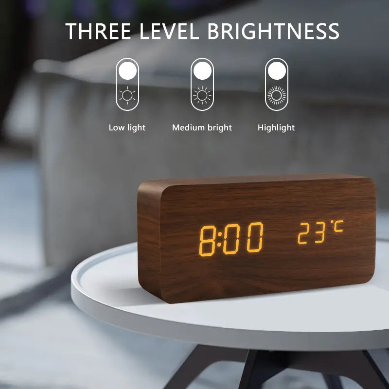 Wooden LED Alarm Clock with USB and AAA Power