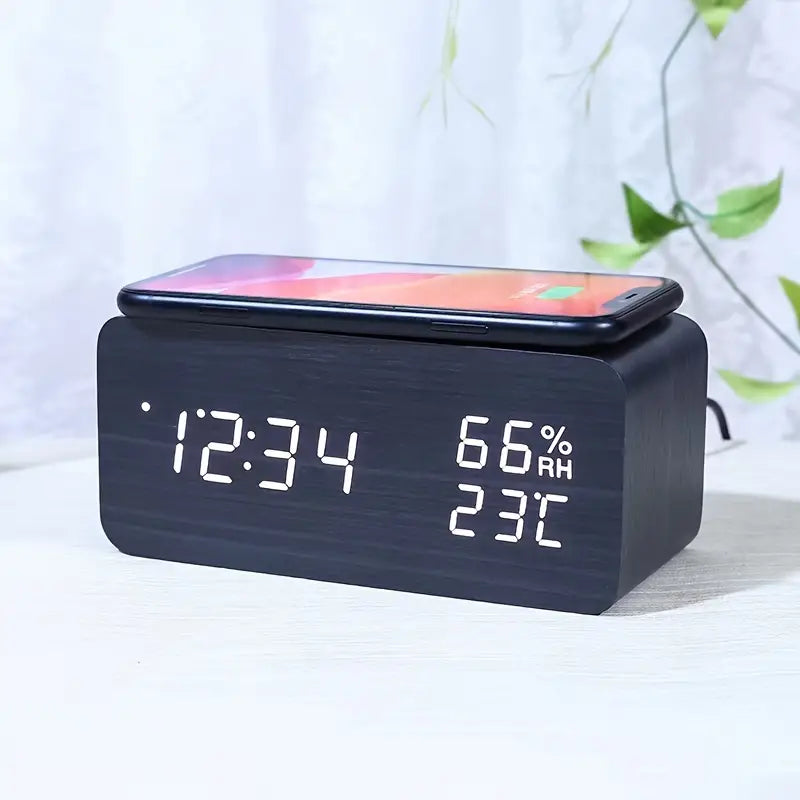 Wooden LED Alarm Clock with USB and AAA Power