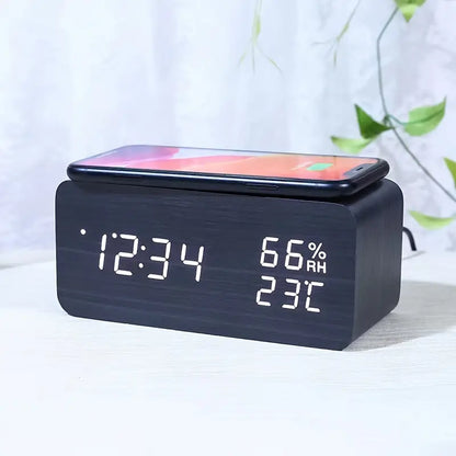 Wooden LED Alarm Clock with USB and AAA Power